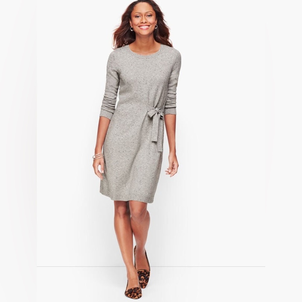 TALBOTS Grey Long Sleeve Tweed Side Tie Sweater Dress | Size Medium